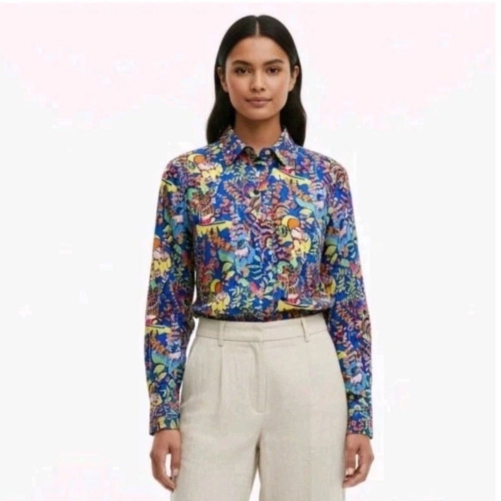 J. McLaughlin Lois Printed Cotton Button Down Shirt Small Blue Multi Goats